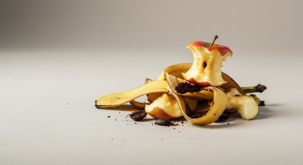 Discarded Apple Core and Banana Peel Heap on a Neutral Background, Still Life.