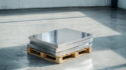Stacked metal sheets on a wooden pallet in an industrial setting