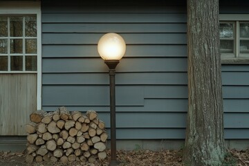 Classic Outdoor Lamp Beside Wood Stack at Cozy Rustic Home