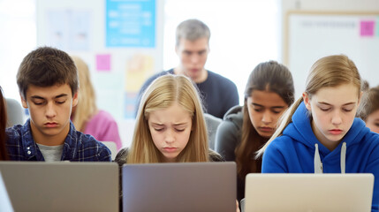 High school students face challenges while completing digital assignments in a classroom setting