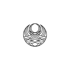 Minimalist Coastal Logo: Sun, Waves, and Moon in Circle
