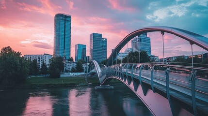 Obraz premium Cityscape at Sunset: Modern Bridge and Skyline Reflection
