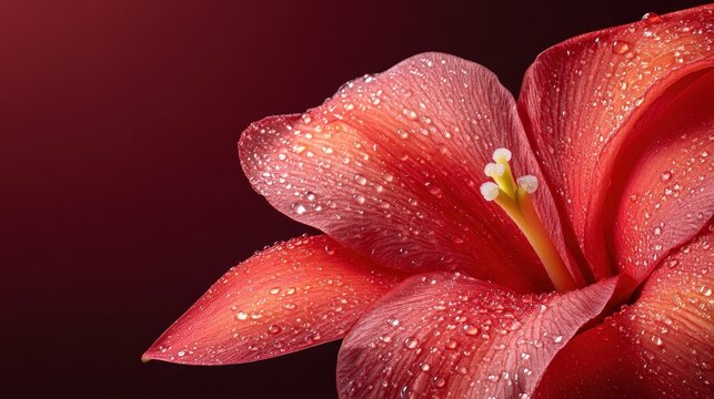 A breathtaking close-up of red flower petals accentuated with dewdrops showcases nature's beauty and intricacies through vibrant colors and delicate details.
