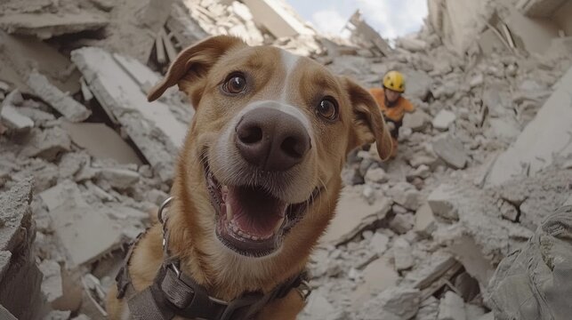 Experience the thrilling scene of a search dog uncovering a trapped individual in earthquake debris