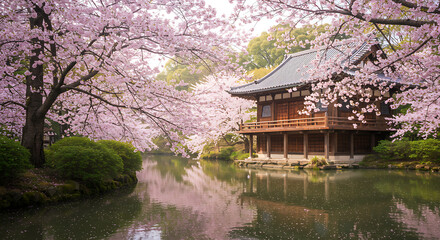 Naklejka premium Serene Japanese Garden with Cherry Blossoms and Traditional Tea House