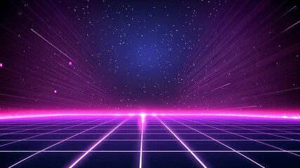 Retro scene purple grid horizon under starry night, with neon lines converging - Powered by Adobe