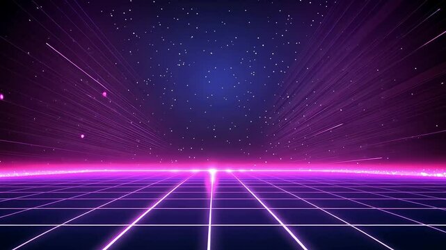 Retro scene purple grid horizon under starry night, with neon lines converging