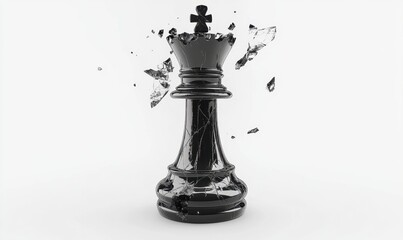 Fototapeta premium Black king chess piece shattering on white background, strategy concept