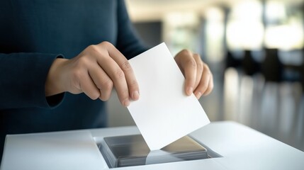 Close-up of an adult casting a voting ballot into a transparent election box during an important democratic event
