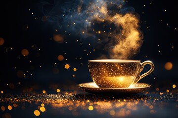 Cup of coffee with golden steam rising from it on black background with glitter and lights