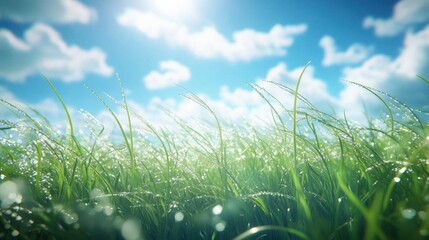 Explore the world from an ant's perspective, tall grass swaying in the wind, tiny dew droplets, immersive nature sounds, vibrant colors, virtual reality experience