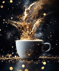 Cup of coffee with golden steam rising from it on black background with glitter and lights