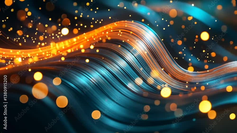 Poster colorful abstract wave patterns with glowing orbs and light trails generative ai