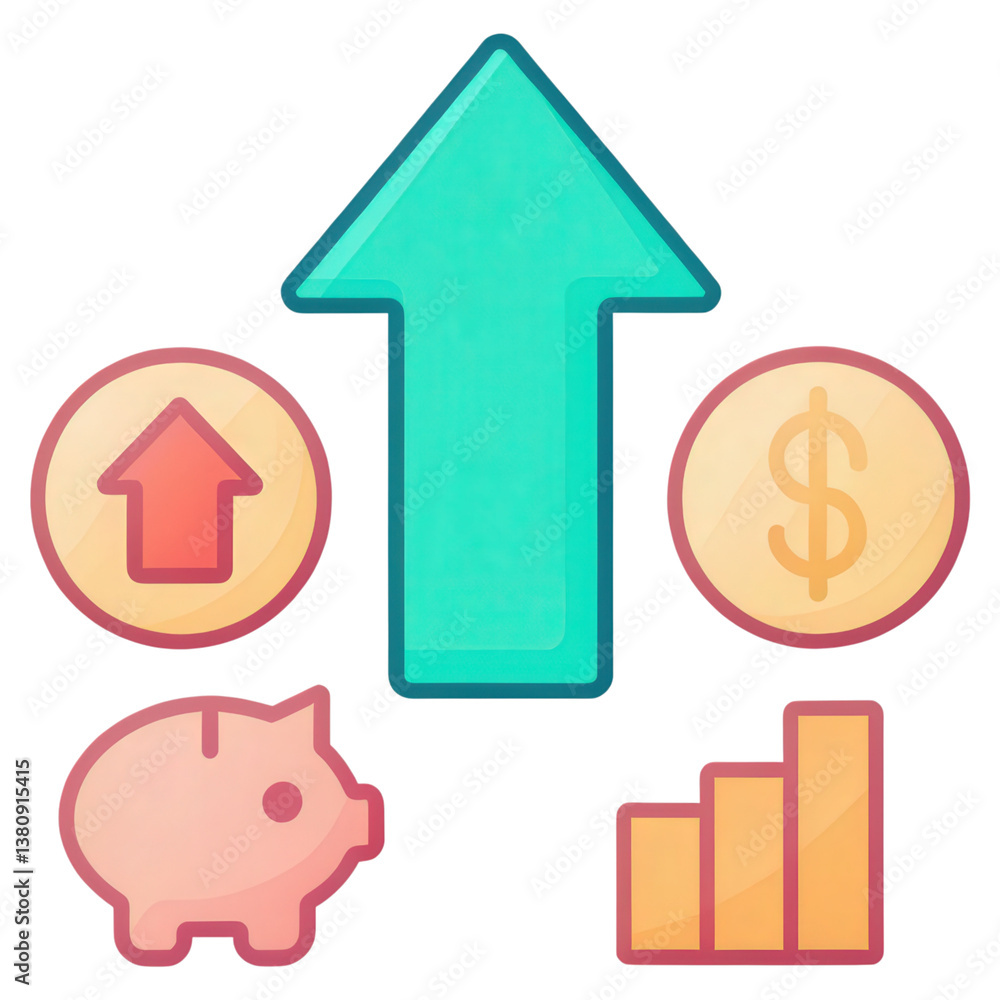 Poster a glowing upward arrow design surrounded by various colors and shapes, representing growth and posit
