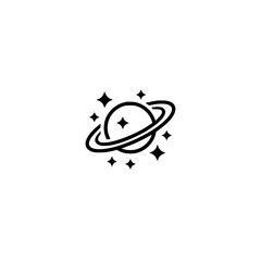 Minimalist Planet Icon with Stars, Black & White, Space Theme