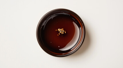 Miso Droplet Perfection  A perfectly round drop of deep brown miso glaze, with a single sesame seed in the center for contrast, negative space composition