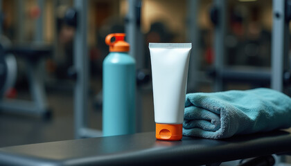 Sunscreen tube mockup. Sport sunscreen packaging mockup in fitness center with workout gear