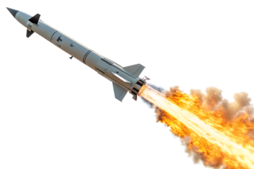missile rocket with fireb trail isolated on white background, PNG