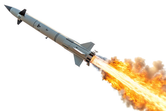 missile rocket with fireb trail isolated on white background, PNG