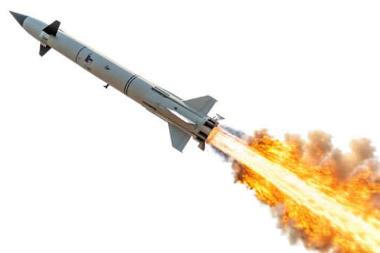 missile rocket with fireb trail isolated on white background, PNG