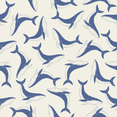Fototapeta premium Vintage hand-drawn seamless pattern with blue whale. Monochrome blue ink. Designed for wrapping paper, packaging, fabric, and textiles. Vector illustration.