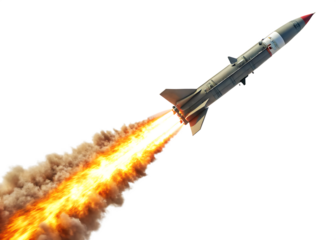 missile rocket with fireb trail isolated on white background, PNG
