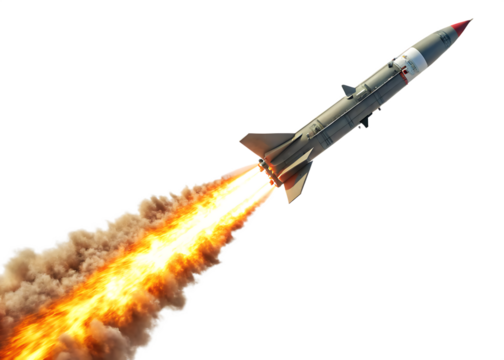 missile rocket with fireb trail isolated on white background, PNG