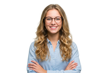 Obraz premium A cheerful young blonde woman with wavy hair smiling confidently with her arms crossed isolated on transparent background