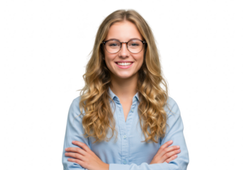 A cheerful young blonde woman with wavy hair smiling confidently with her arms crossed isolated on transparent background