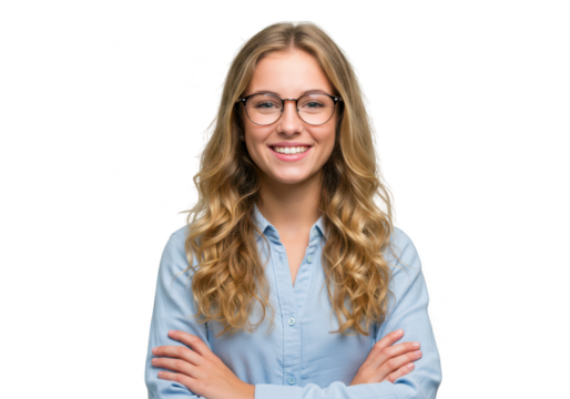 A cheerful young blonde woman with wavy hair smiling confidently with her arms crossed isolated on transparent background