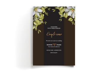 WEDDING INVITATION FRAME WITH FLOWER DECORATIONS AND FRESH LEAVES