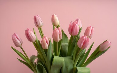 Fototapeta premium A bouquet of pink tulips against a soft pink background studio shot
