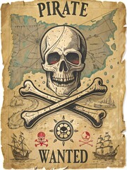 Antique Pirate Wanted Poster Featuring Skull and Crossbones with Treasure Map
