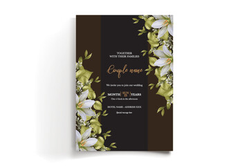 WEDDING INVITATION FRAME WITH FLOWER DECORATIONS AND FRESH LEAVES
