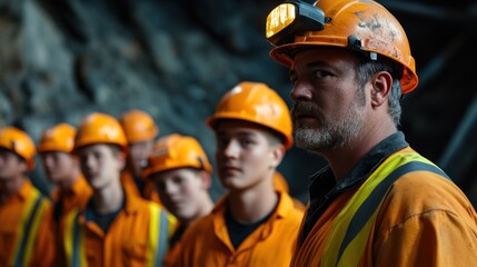Mining apprentices listen attentively to the veteran mentor for field instructions