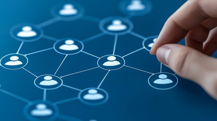 Human hand interacting with glowing network nodes on vibrant blue background representing connectivity