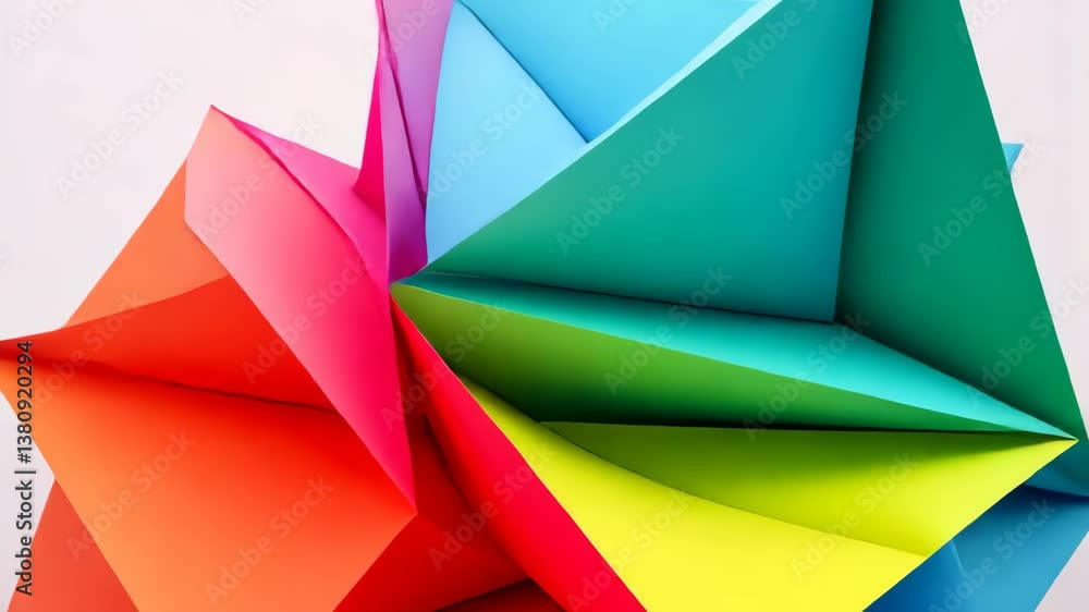 Poster rotating folded paper in rainbow colors against a white background.