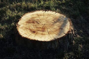 Close-Up View of Cut Tree Stump on Grass in Natural Light