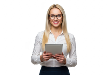 A confident woman with straight blonde hair smiling and holding a tablet in both hands isolated on transparent background