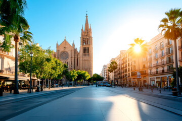 Fototapeta premium A vibrant street scene featuring palm trees, historic architecture, and sunlight illuminating a city square.