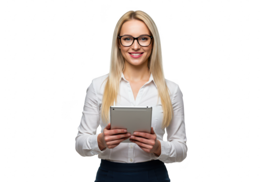 A confident woman with straight blonde hair smiling and holding a tablet in both hands isolated on transparent background