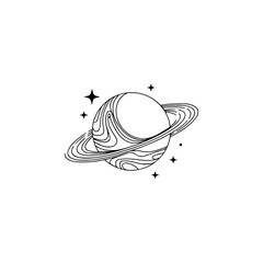 Minimalist Planet with Rings and Stars, Line Art Illustration