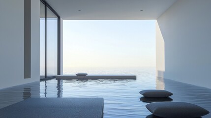 Minimalist Ocean View Interior with Tranquil Water Feature