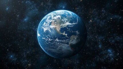 Earth in space. North America visible. Swirling clouds, blue oceans, and night sky