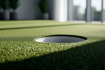 A close-up of a golf hole surrounded by synthetic green turf, indoor putting green, focus on the hole.