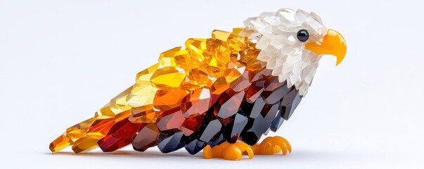 Colorful crystal eagle sculpture made from various sparkling gemstones in vibrant hues of orange, yellow, and black