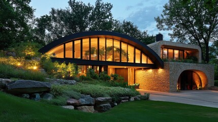 Obraz premium Modern Stone and Curved Roof House at Dusk