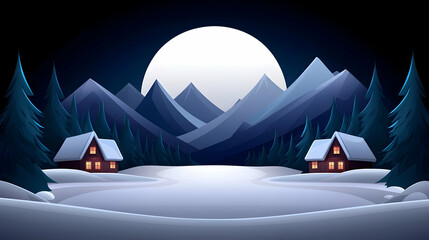 Animated Winter Village Landscape at Night with Snowy Mountains and Full Moon
