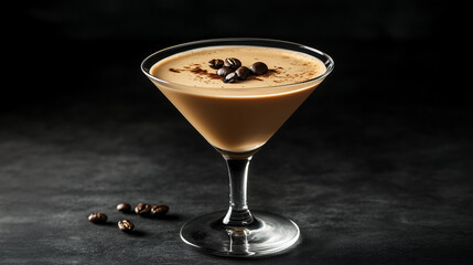 Classic espresso martini with coffee beans on black surface