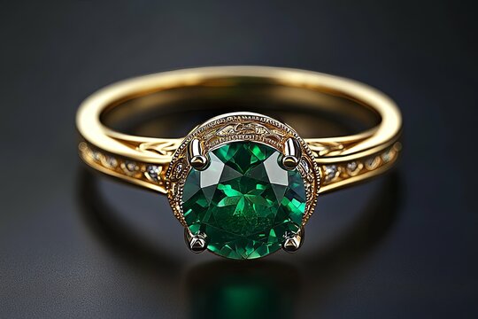 A detailed close up of a gold ring and emerald jewel